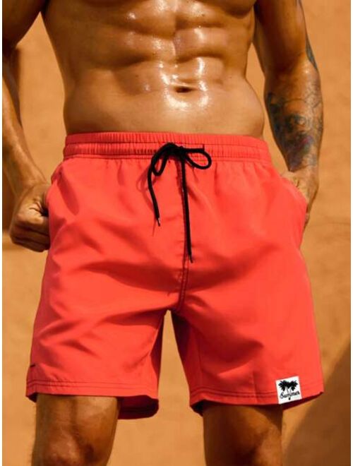 Men Letter Patched Drawstring Waist Swim Trunks