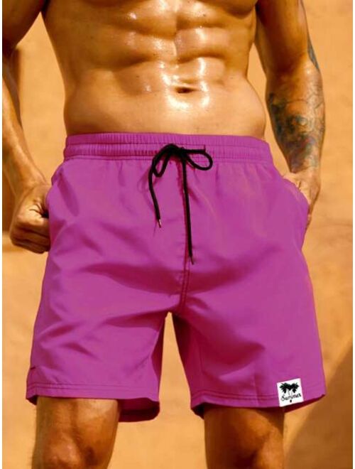 Men Letter Patched Drawstring Waist Swim Trunks