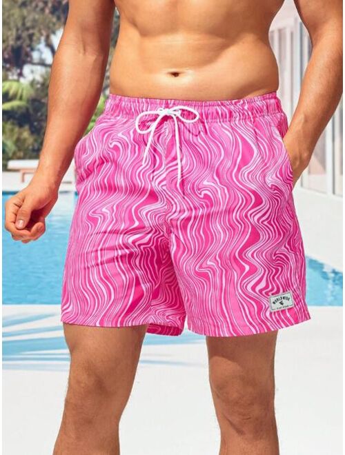 SHEIN X Hangout Fest Men Wave Striped Patched Detail Drawstring Waist Swim Trunks