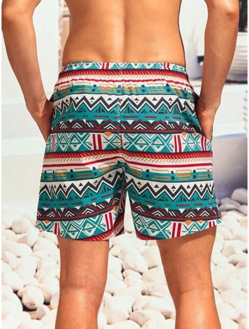 Men Geo Print Patched Detail Drawstring Waist Swim Trunks