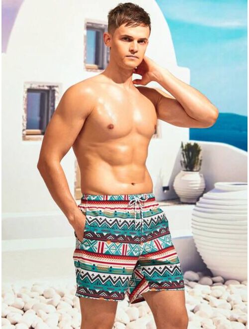 Men Geo Print Patched Detail Drawstring Waist Swim Trunks