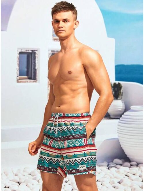 Men Geo Print Patched Detail Drawstring Waist Swim Trunks