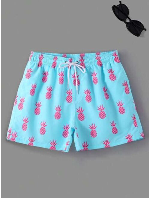 Men Pineapple Print Drawstring Waist Swim Trunks