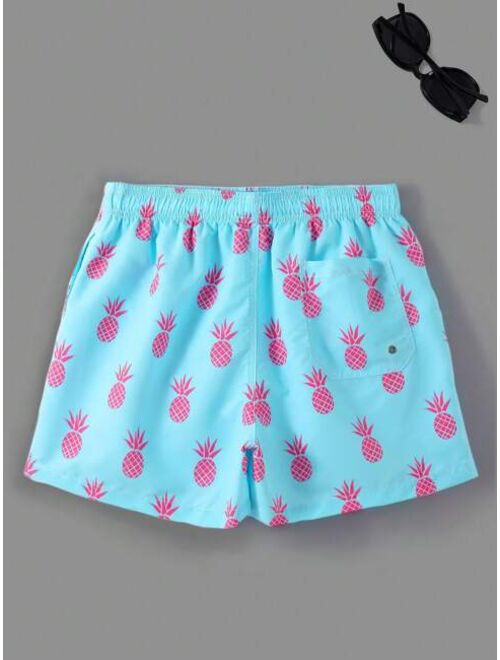 Men Pineapple Print Drawstring Waist Swim Trunks