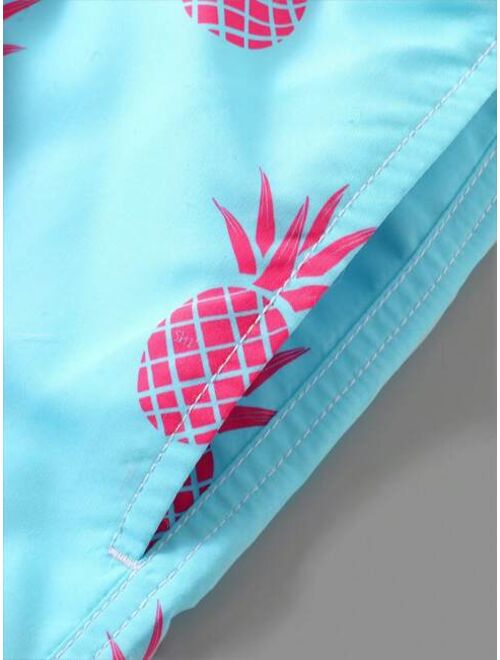 Men Pineapple Print Drawstring Waist Swim Trunks