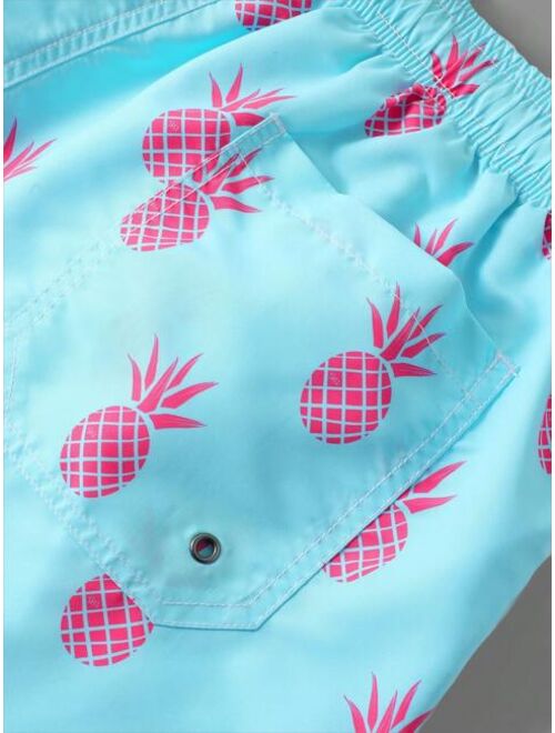 Men Pineapple Print Drawstring Waist Swim Trunks