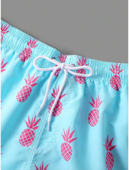 Men Pineapple Print Drawstring Waist Swim Trunks