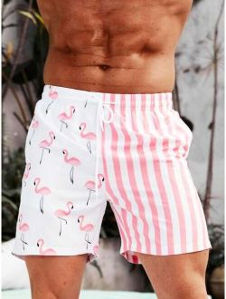 Men Striped Flamingo Print Drawstring Waist Swim Trunks