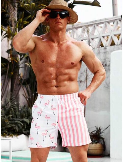 Men Striped Flamingo Print Drawstring Waist Swim Trunks