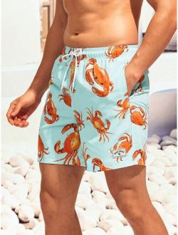 Men Crab Print Drawstring Waist Swim Trunks