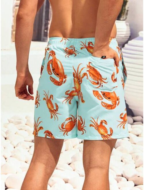 Men Crab Print Drawstring Waist Swim Trunks