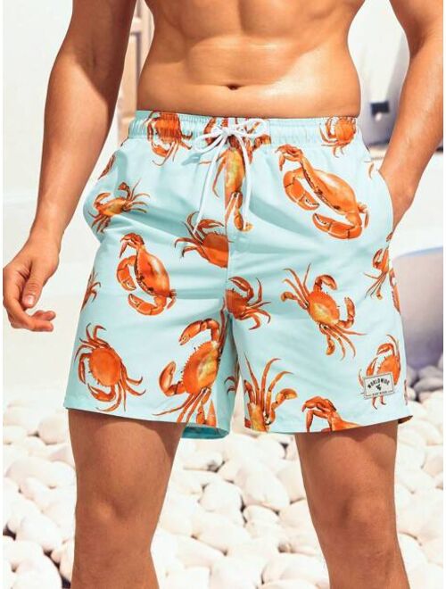 Men Crab Print Drawstring Waist Swim Trunks