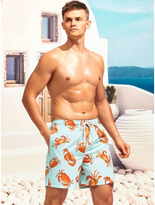 Men Crab Print Drawstring Waist Swim Trunks