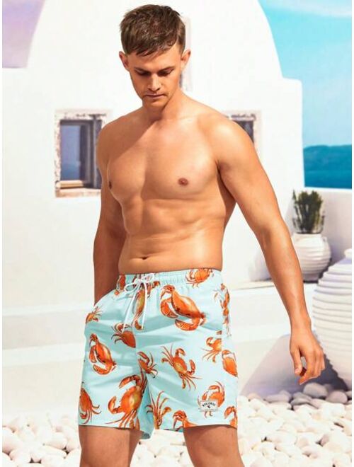 Men Crab Print Drawstring Waist Swim Trunks