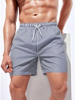 Men Striped Drawstring Waist Swim Trunks