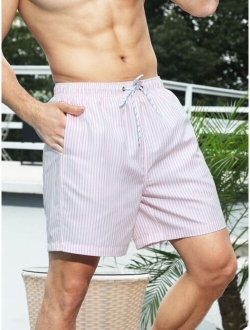 Men Striped Drawstring Waist Swim Trunks