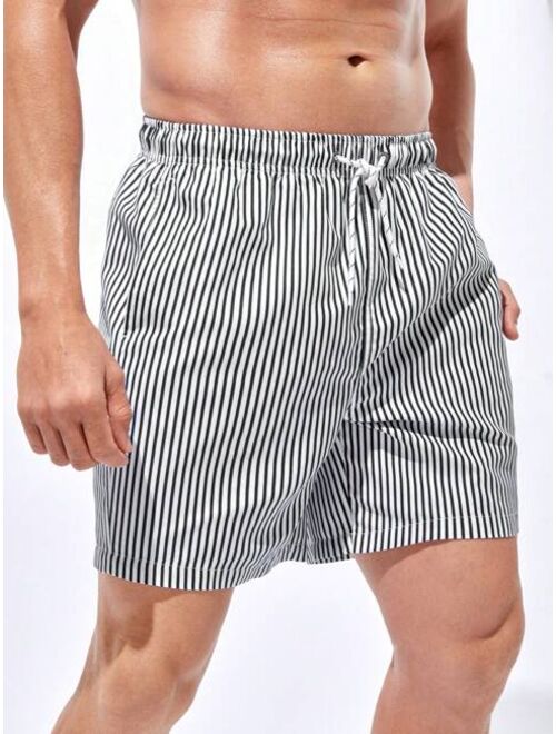 Men Striped Drawstring Waist Swim Trunks