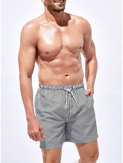 Men Striped Drawstring Waist Swim Trunks