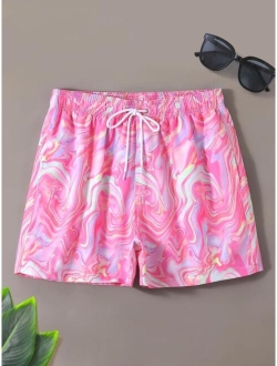 Men Allover Print Drawstring Waist Swim Trunks