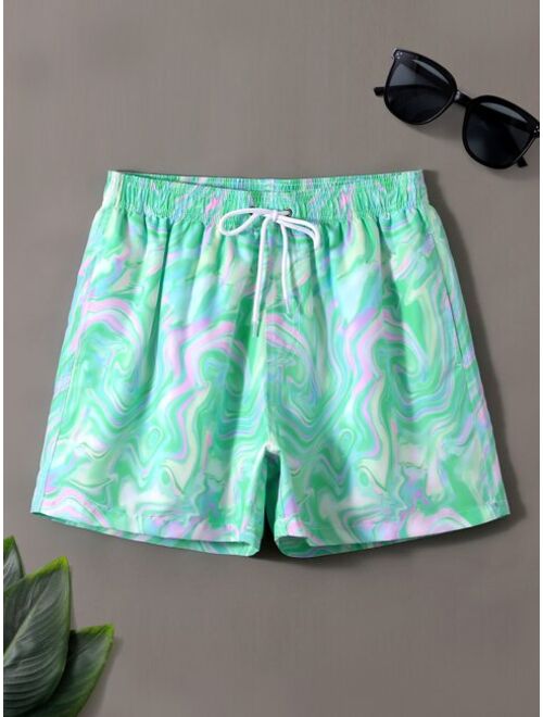 Men Allover Print Drawstring Waist Swim Trunks