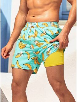 Men Banana Print Drawstring Waist 2 In 1 Swim Trunks