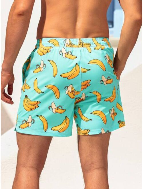 Men Banana Print Drawstring Waist 2 In 1 Swim Trunks