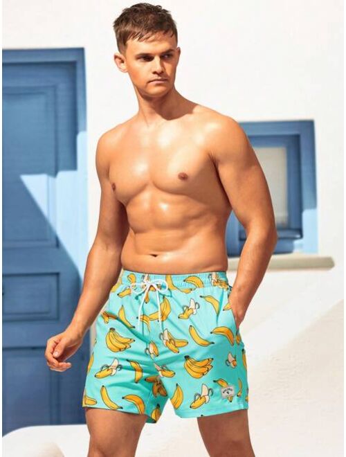 Men Banana Print Drawstring Waist 2 In 1 Swim Trunks