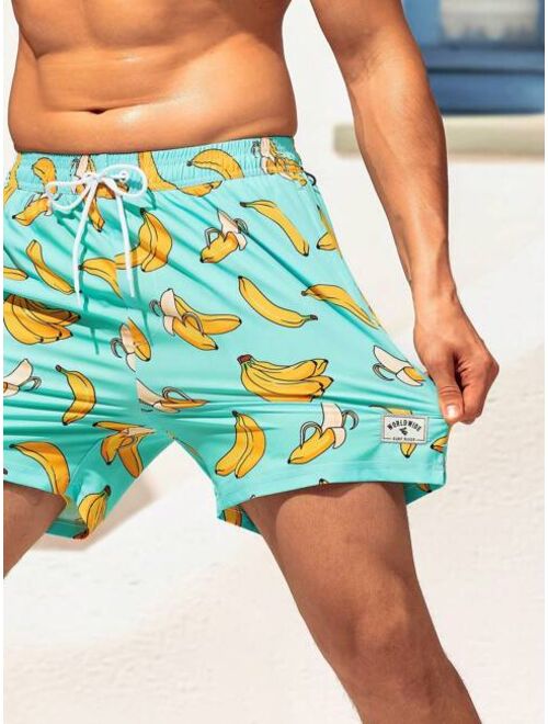 Men Banana Print Drawstring Waist 2 In 1 Swim Trunks