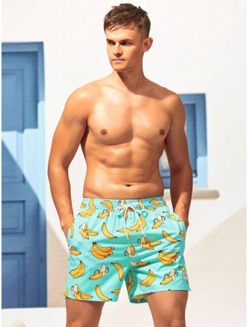 Men Banana Print Drawstring Waist 2 In 1 Swim Trunks