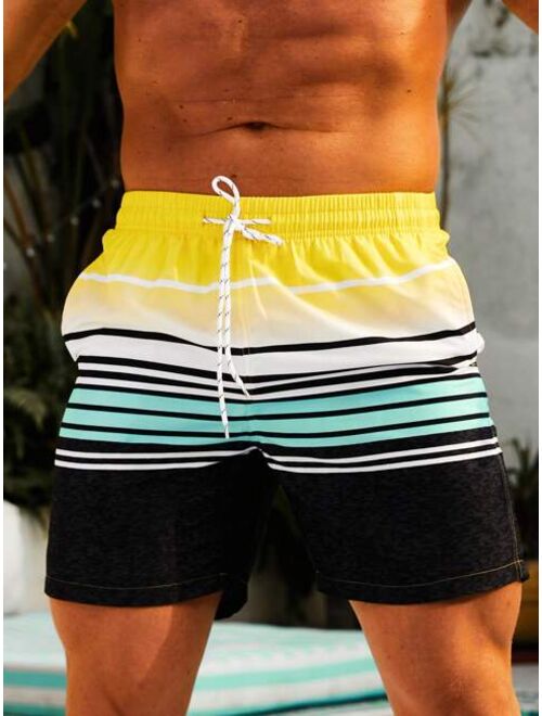 Men Striped Print Drawstring Waist Swim Trunks