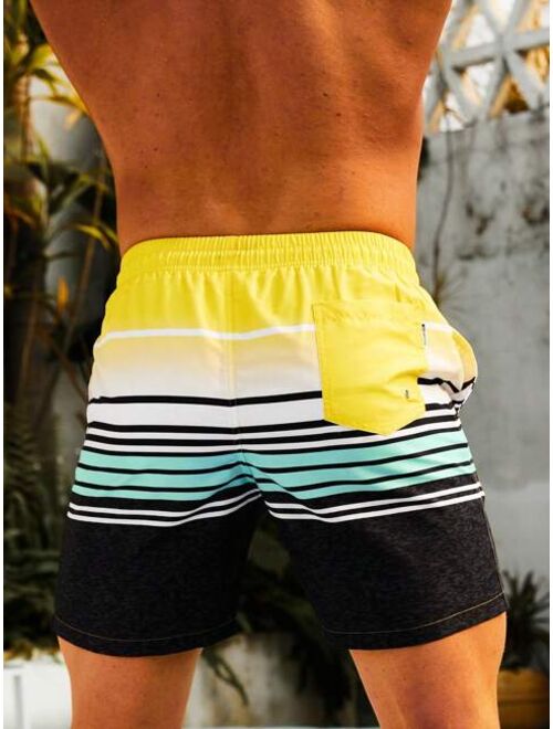 Men Striped Print Drawstring Waist Swim Trunks