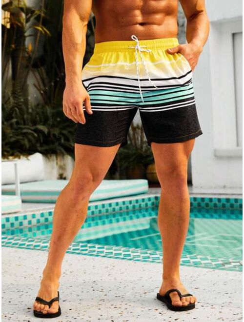 Men Striped Print Drawstring Waist Swim Trunks