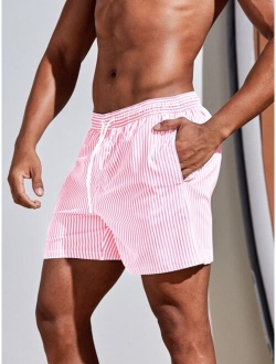 Men Striped Print Drawstring Waist Swim Trunks