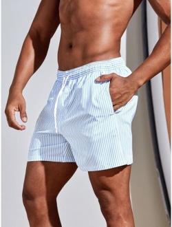 Men Striped Print Drawstring Waist Swim Trunks