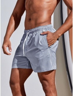 Men Striped Print Drawstring Waist Swim Trunks