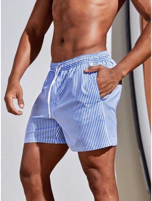 Men Striped Print Drawstring Waist Swim Trunks