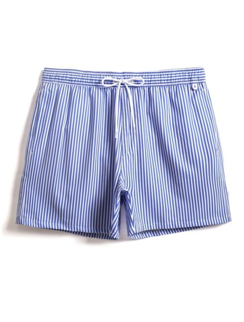 Men Striped Print Drawstring Waist Swim Trunks