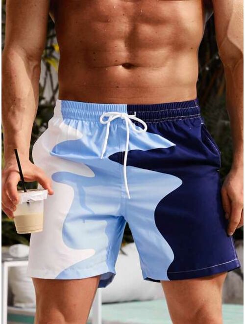 Men Two Tone Drawstring Waist Swim Trunks