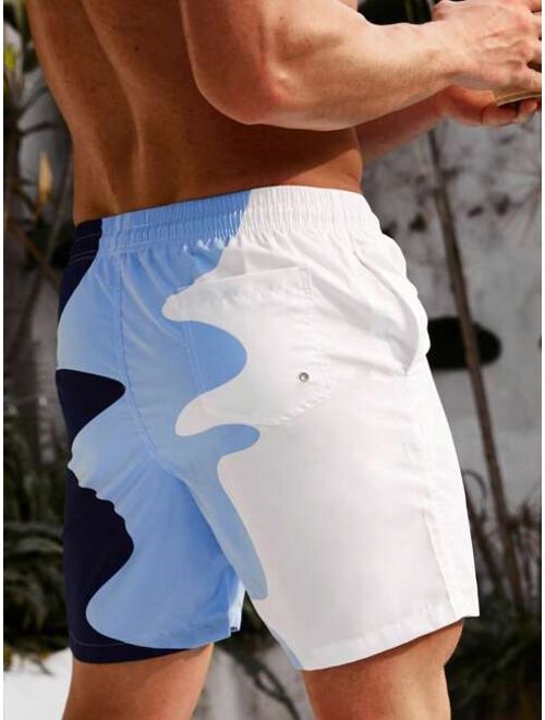 Men Two Tone Drawstring Waist Swim Trunks