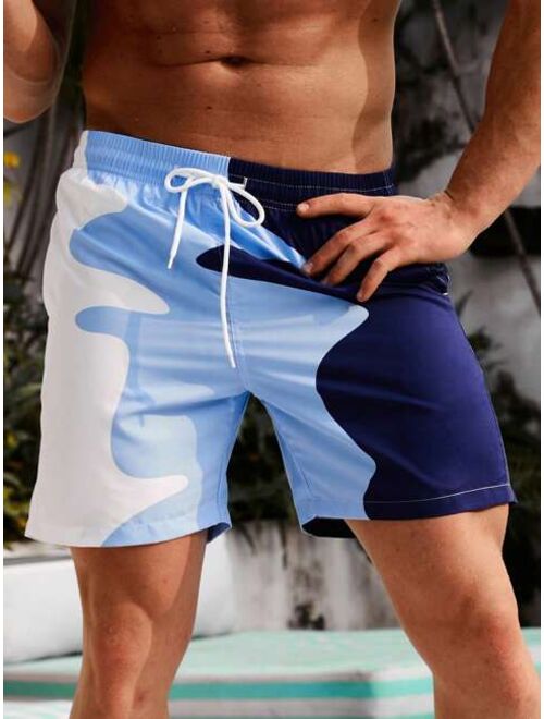 Men Two Tone Drawstring Waist Swim Trunks