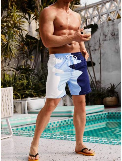 Men Two Tone Drawstring Waist Swim Trunks