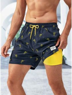 Men Animal Print Drawstring Waist 2 In 1 Swim Trunks