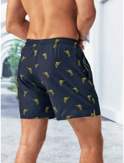 Men Animal Print Drawstring Waist 2 In 1 Swim Trunks