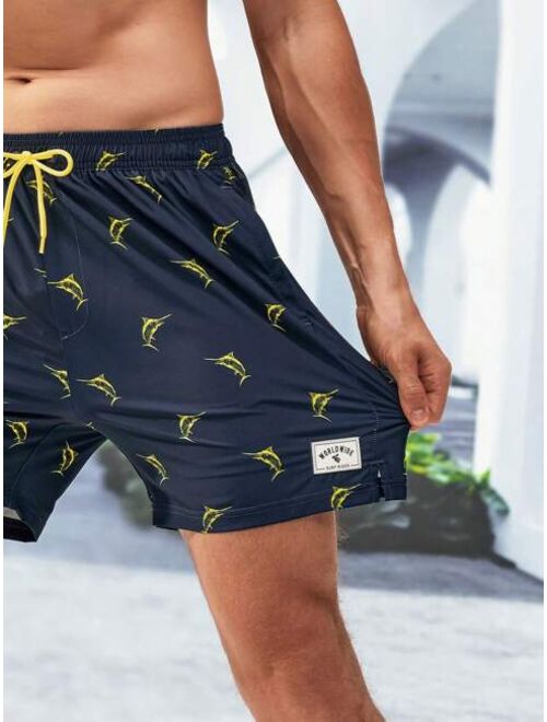 Men Animal Print Drawstring Waist 2 In 1 Swim Trunks