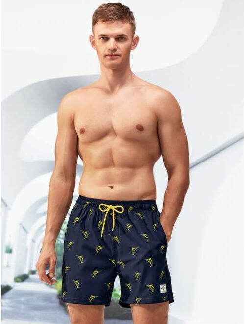 Men Animal Print Drawstring Waist 2 In 1 Swim Trunks