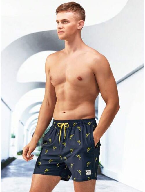 Men Animal Print Drawstring Waist 2 In 1 Swim Trunks