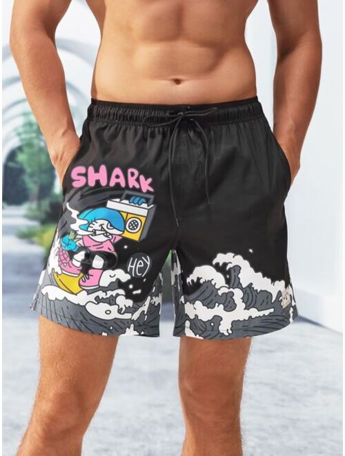 Men Cartoon Letter Graphic Drawstring Waist Swim Trunks