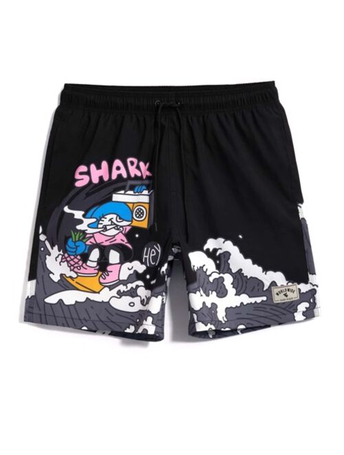 Men Cartoon Letter Graphic Drawstring Waist Swim Trunks