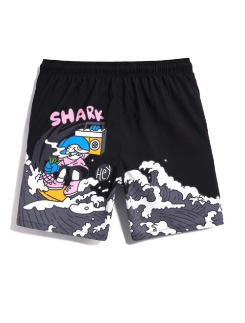 Men Cartoon Letter Graphic Drawstring Waist Swim Trunks