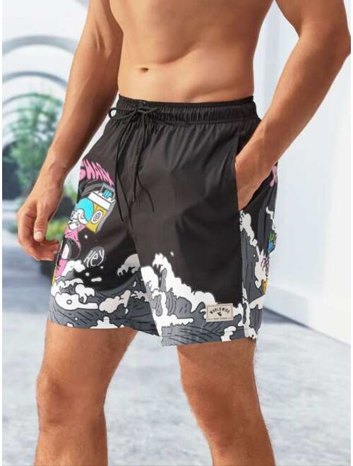 Men Cartoon Letter Graphic Drawstring Waist Swim Trunks